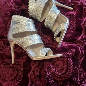 Pour La Victoire Champagne Gold Pearl Strappy Cage Heels 9